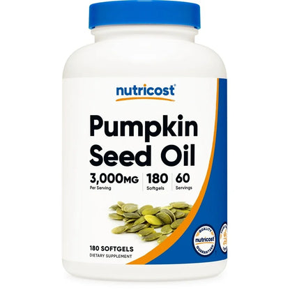 Nutricost Pumpkin Seed Oil 3000 mg | Supports Prostate & Urinary Health | Nourishment for Skin & Hair | 180 Softgels; Exp 07/2028