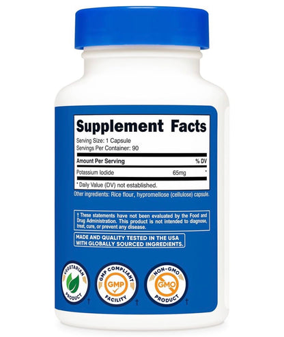 Nutricost  Potassium Iodide 65mg | Supports Electrolyte Balance & Healthy Thyroid Function | 90 Capsules; Exp 08/2028
