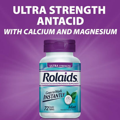 Rolaids Ultra Strength Chewable Antacid | Calcium Carbonate 1000mg + Magnesium Hydroxide 200mg | Mint, 72 Tablets; Exp 04/2026