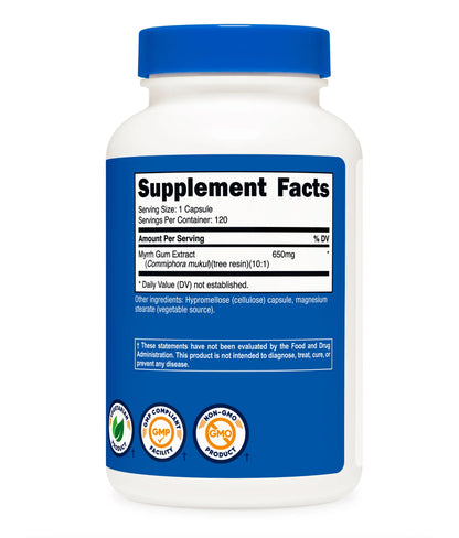 Nutricost Myrrh Extract 650mg | Myrrh Gum Extract; Tree Resin | Anti-inflammatory, Reduces Pain | Antimicrobial | Traditional Digestive Support | 120 Capsules; Exp 10/2027