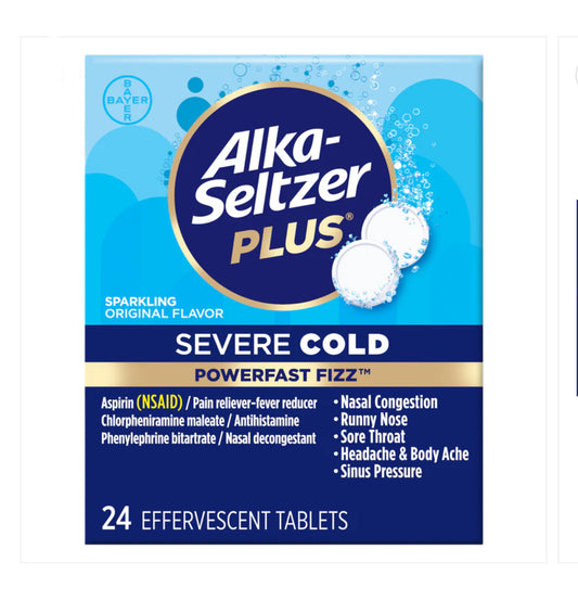 Alka-Seltzer (by Bayer) Plus Powerfast Fizz Severe Cold | Pain Reliever/Fever Reducer, Antihistamine, Nasal Decongestant | Sparkling Original - 24 Effervescent Tablets Exp 02/2025