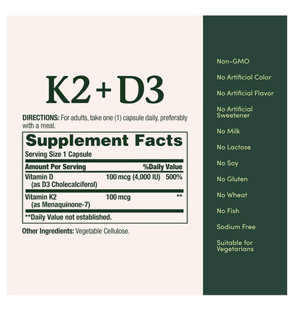 Nature’s Bounty Vitamin K2 + D3 | 4000 IU Vit D3 + 100 mcg Vit K2 | Supports Healthy Artery Function & Strong Bones | 30 Capsules; Exp 12/2026