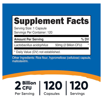 Nutricost Lactobacillus Acidophilus | 2 Billion CFU Per Serving | Maintains a Good Balance of Friendly Bacteria in the GI Tract | Promotes Gut Health | 120 Capsules; Exp 03/2026