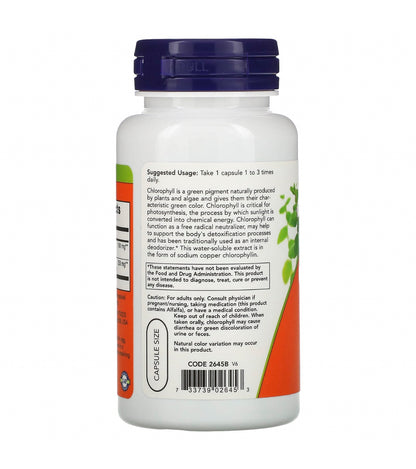 Now Chlorophyll Concentrate 100 mg with Alfalfa | Internal Deodorant | Controls Body Odor | Supports Collagen Synthesis for Healthy Skin | 100 Capsules; Exp 01/2028