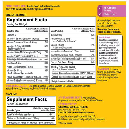 Nature Made Prenatal Multivitamin Softgels + Choline Capsules | Folic Acid + DHA + Choline | 60 Day Supply; Exp 08/2025