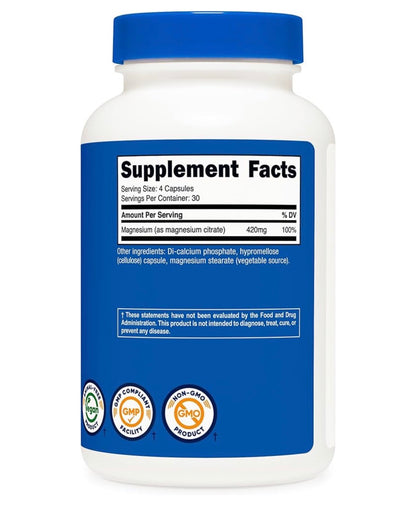 Nutricost Magnesium Citrate 420mg | Enhanced Absorption Magnesium | 105mg per Capsule | 120 Capsules; Exp 05/2028