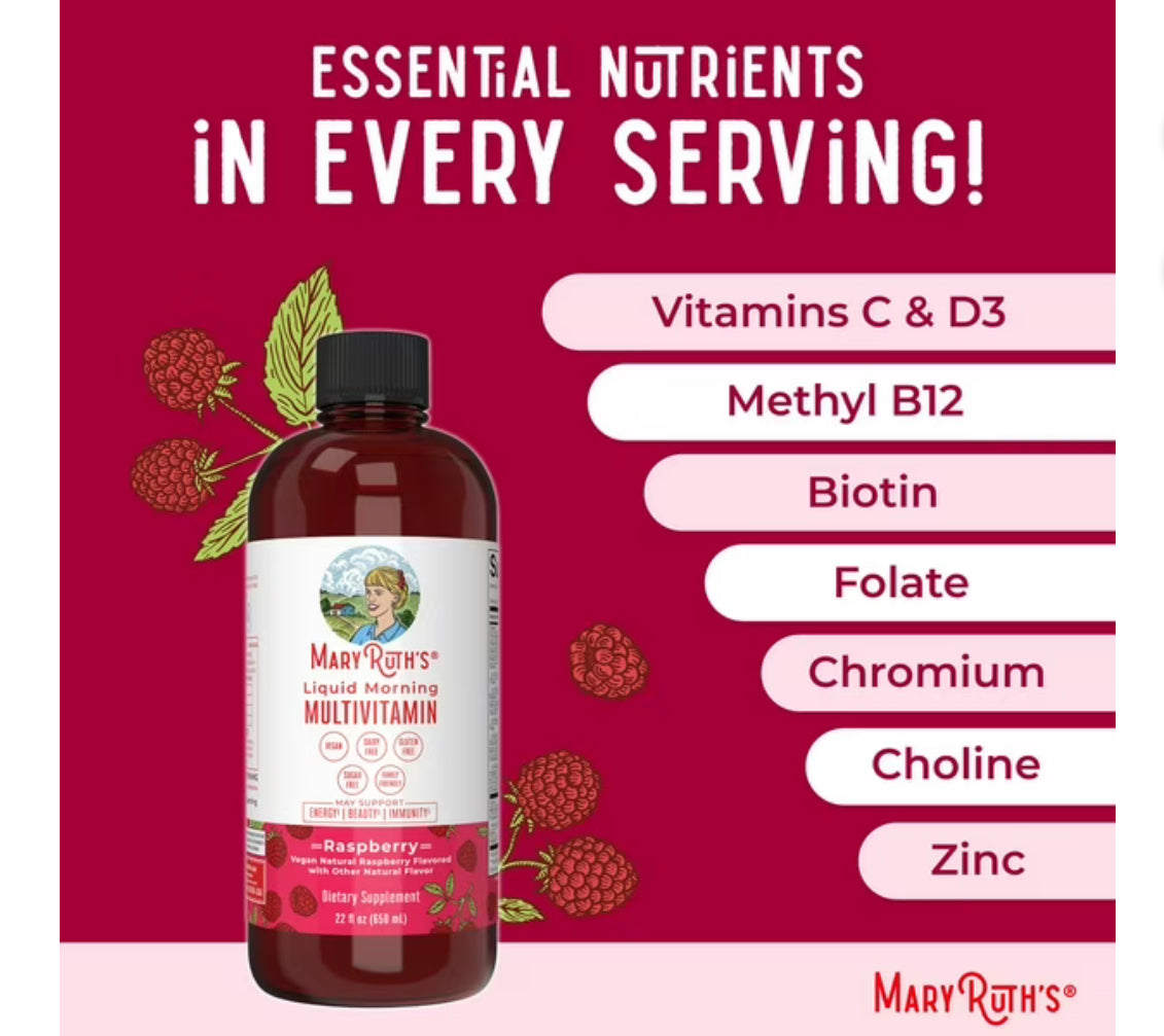 MaryRuth Organics Liquid Morning Multivitamin for For the Whole Family (Including Kids Aged 1 Year & Above) | Vitamins A, C, D, E, B6, B12, Biotin, Zinc | Natural Raspberry ~ 22oz/650ml; Exp 04/2027