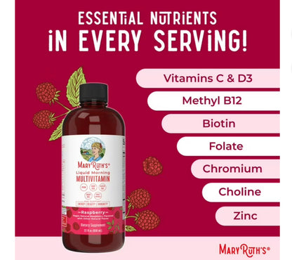 MaryRuth Organics Liquid Morning Multivitamin for For the Whole Family (Including Kids Aged 1 Year & Above) | Vitamins A, C, D, E, B6, B12, Biotin, Zinc | Natural Raspberry ~ 22oz/650ml; Exp 04/2027