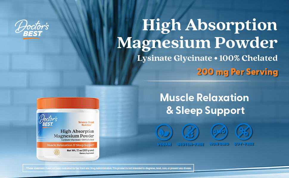 Doctor's Best High Absorption Magnesium Powder | Magnesium Lysinate Glycinate Chelate | 100% Chelated | 200mg Magnesium per Serving | 100 Servings | 7.1oz/200g Exp 03/2027