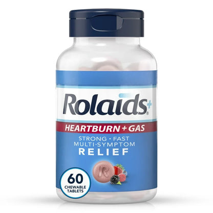 Rolaids Heartburn + Gas Antacid | Calcium Carbonate 1000mg + Magnesium Hydroxide 200mg + Simethicone 40mg | Berry Flavor ~ 60 Chewable Tablets; Exp 09/2026