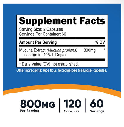 Nutricost Mucuna Pruriens 400mg | 800mg Per Serving | from Mucuna Pruriens Seed, 40% L-Dopa for Mood & Performance | Supports Normal Brain Function & A Positive Balance Mood | Improves Sex Drive | 120 Capsules; ❗️Exp FAINT 07/2026(See last picture)