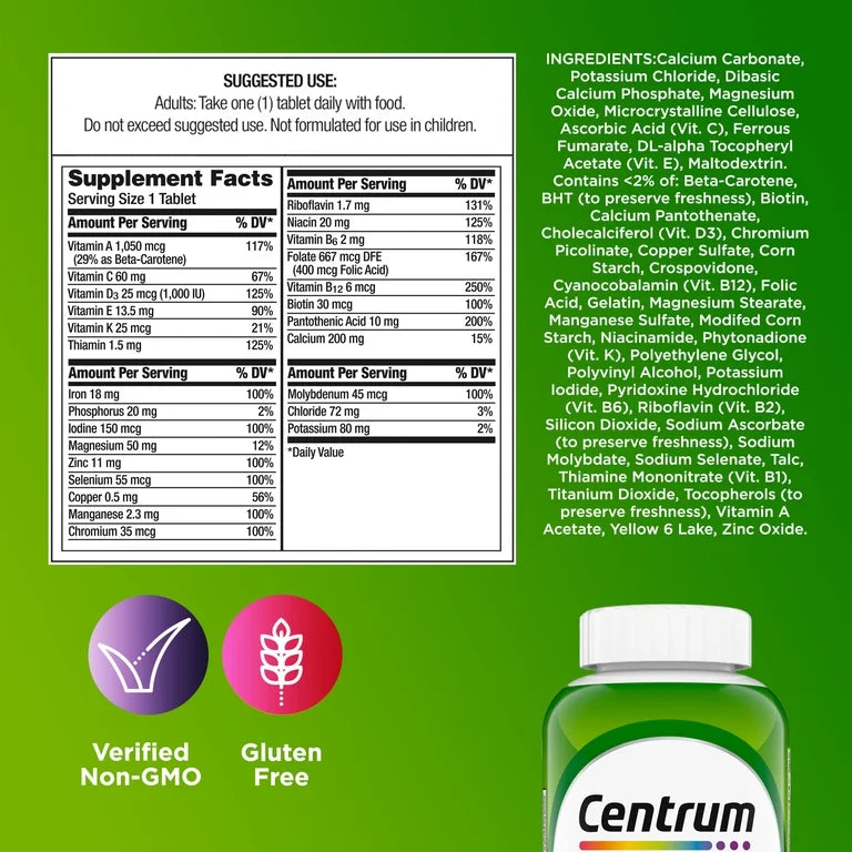 Centrum Adults Multivitamin For Men & Women | Also Helps to Fill Nutrient Gaps for GLP-1 Users | 200 Tablets; Exp 09/2027