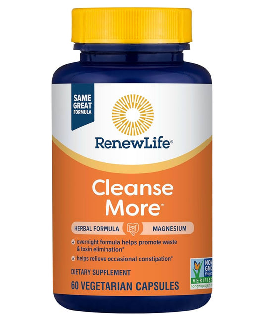 RenewLife Cleanse More | Herbal Formula with Magnesium for Overnight Occasional Constipation Relief | Helps Promote Waste and Toxin Elimination | 60 Capsules; Exp 01/2026