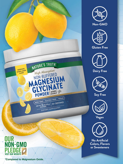 Nature's Truth Magnesium Glycinate 250mg Powder | Supports Muscle Relaxation | Supports Bone, Heart, and Nerve Health | 38 Servings | Lemon Flavor ~ 170g; Exp 03/2027