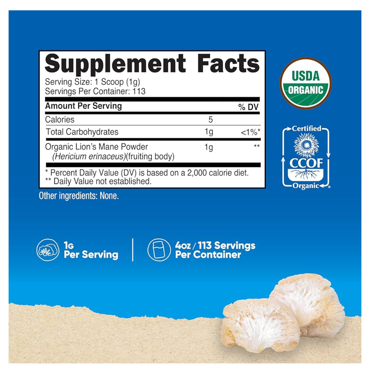 Nutricost 100% Organic Lion's Mane Mushroom Powder | 1000mg per Serving | 113 Servings | 100% Fruiting Body | 4oz/113g; Exp 11/2028