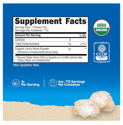 Nutricost 100% Organic Lion's Mane Mushroom Powder | 1000mg per Serving | 113 Servings | 100% Fruiting Body | 4oz/113g; Exp 11/2028