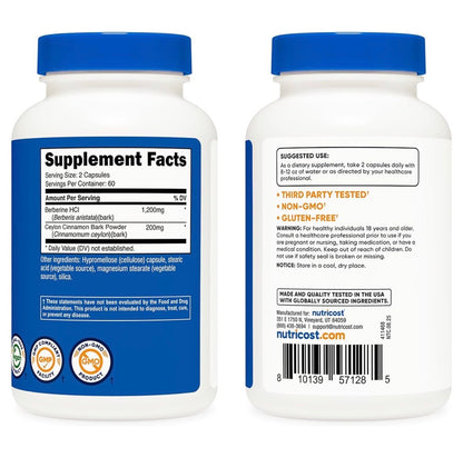Nutricost Berberine HCl 1200mg with Ceylon Cinnamon | Improves Insulin Sensitivity to Maintain Balanced Blood Sugar Levels | Promotes Weight Management | 120 Capsules; Exp 10/2028