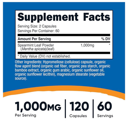 Nutricost Spearmint Leaf 1000mg | Helps with PCOS Symptoms and Hirsutism | Improves Digestion & Gut Health | 120 Capsules; Exp 11/2028