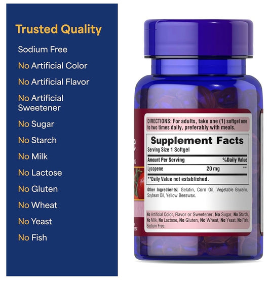 Puritan’s Pride Lycopene 20mg | Free Radical Scavenger | Protects Heart & Prostate Health | 60 Softgels; Exp 12/2027