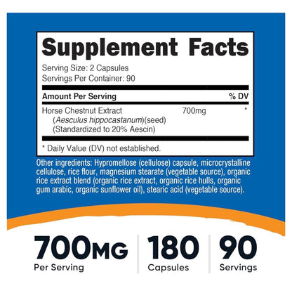 Nutricost Horse Chestnut Extract 700mg | Standardized to 20% Aescin | Promotes Healthy Leg Veins & Circulation | 180 Capsules; Exp 04/2028
