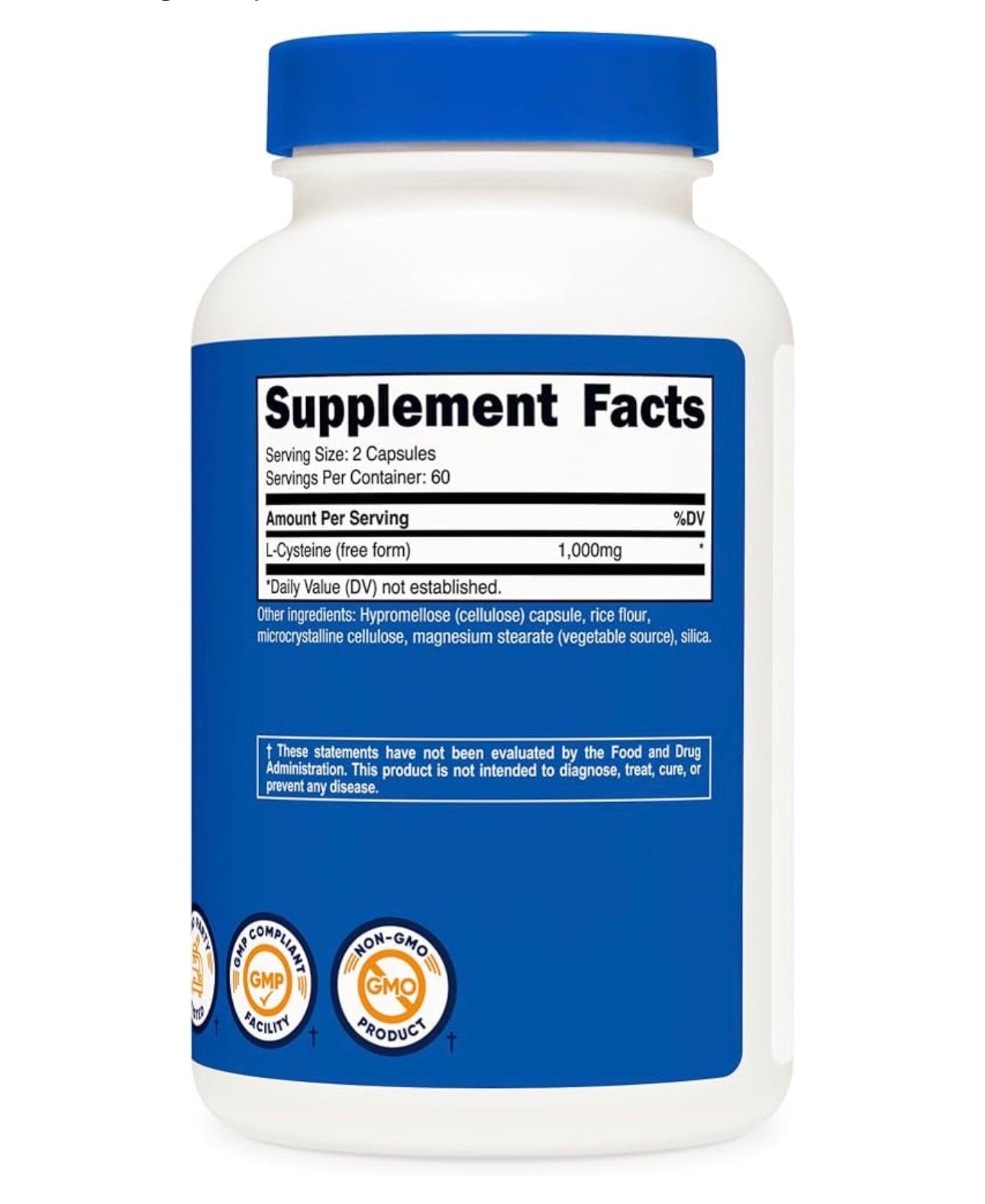 Nutricost L-Cysteine 1000mg | Free Form to Promote Optimal Absorption & Assimilation | Important for Skin, Hair & Nail Health | 120 Capsules; Exp 04/2029