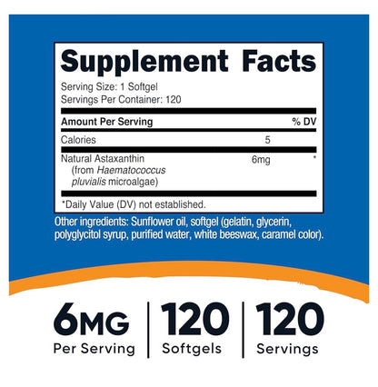 Nutricost Astaxanthin 6mg | Supports Overall Eye Health and Promotes a Healthy Nervous System | Supports Skin Elasticity & Hydration for Healthy Aging | 120 Softgels; Exp❗️ Smudged 12/2028 👉🏽Check last picture