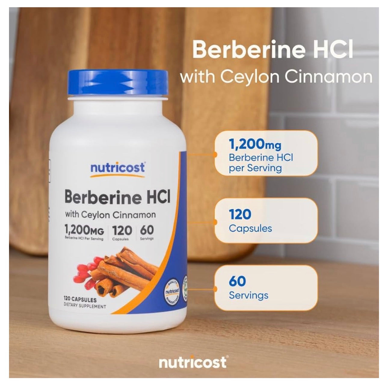 Nutricost Berberine HCl 1200mg with Ceylon Cinnamon | Improves Insulin Sensitivity to Maintain Balanced Blood Sugar Levels | Promotes Weight Management | 120 Capsules; Exp 10/2028