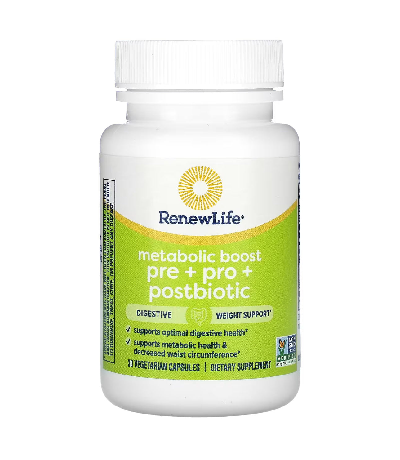 Renew Life Metabolic Boost, Prebiotic + Probiotic + Postbiotic | Supports Optimal Digestive Health | Supports Metabolic Health & Decreased Waist Circumference | Promotes regularity and normal bowel function | 30 Capsules; Exp 02/2026