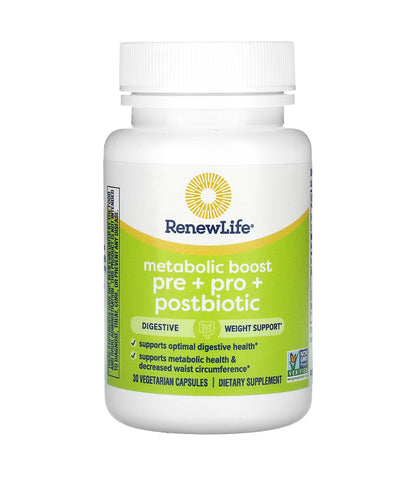 Renew Life Metabolic Boost, Prebiotic + Probiotic + Postbiotic | Supports Optimal Digestive Health | Supports Metabolic Health & Decreased Waist Circumference | Promotes regularity and normal bowel function | 30 Capsules; Exp 02/2026