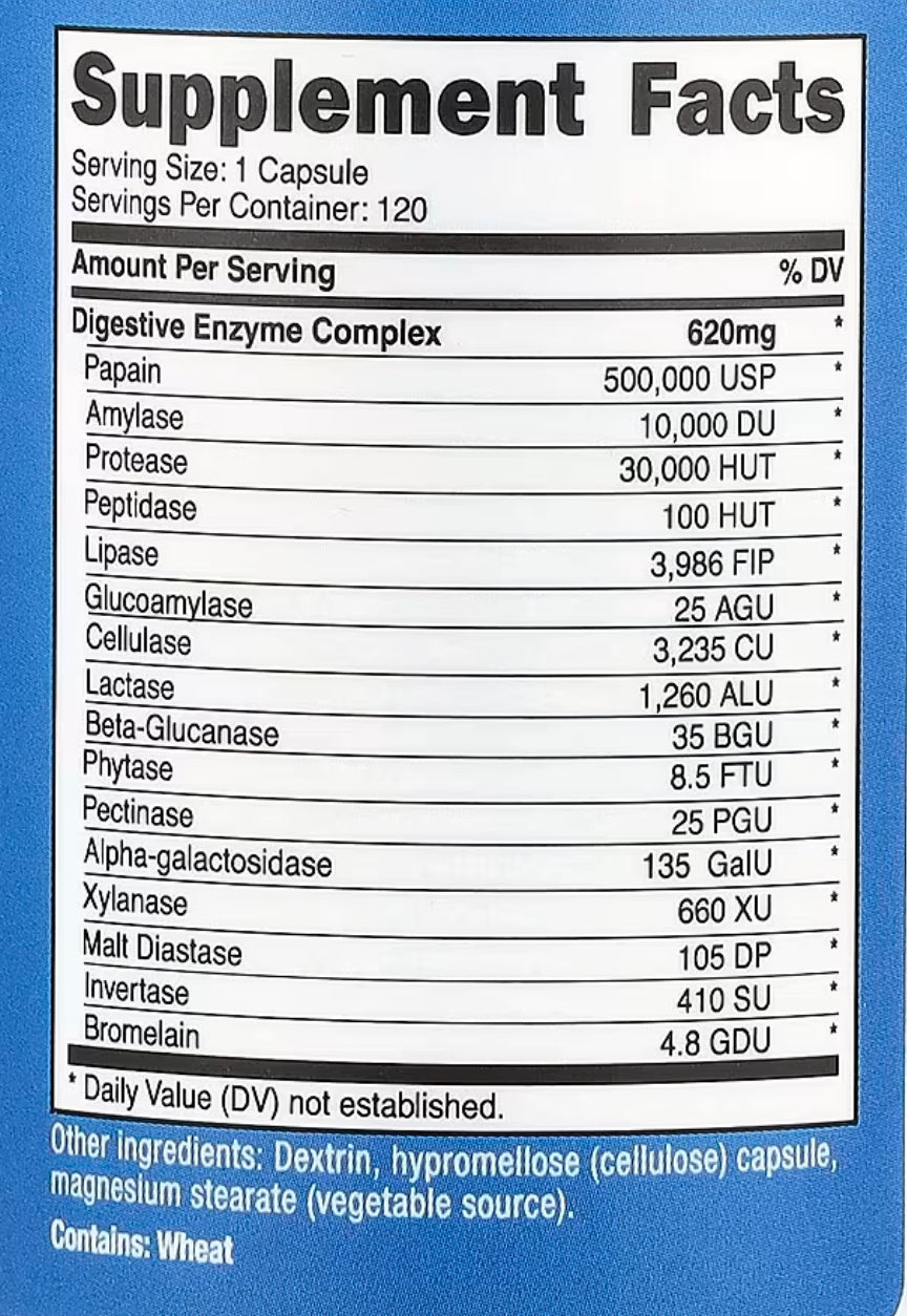 Nutricost Digestive Enzyme Complex Full-Spectrum High Potency Digestive Enzyme Complex | Papain, Amylase, Protease, Lactase, Lipase, Peptidase, Cellulase, Bromelain, Phytase, Pectinase & More | Supports Healthy Digestion | 120 Capsules; Exp 04/2028