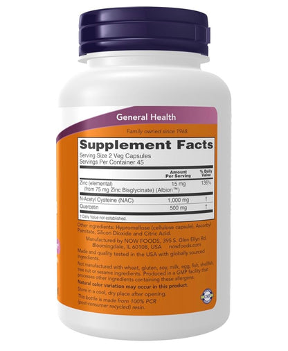 Now NAC 1000mg with Quercetin 500mg & Zinc Bisglycinate 15mg | Immune and Respiratory Support | 90 Capsules; Exp 06/2028