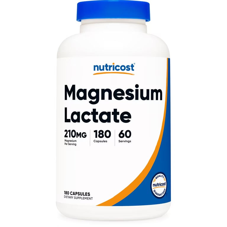 Nutricost Magnesium Lactate 210mg | Supports Muscle & Bone Health | Better Tolerated & Easier on the Stomach | 180 Capsules; Exp 10/2028