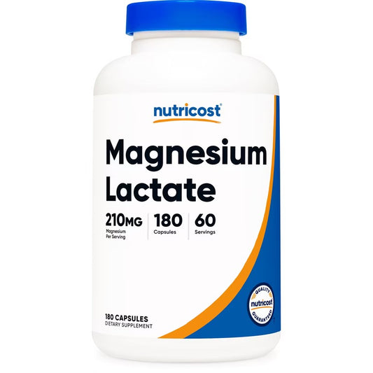 Nutricost Magnesium Lactate 210mg | Supports Muscle & Bone Health | Better Tolerated & Easier on the Stomach | 180 Capsules; Exp 10/2028