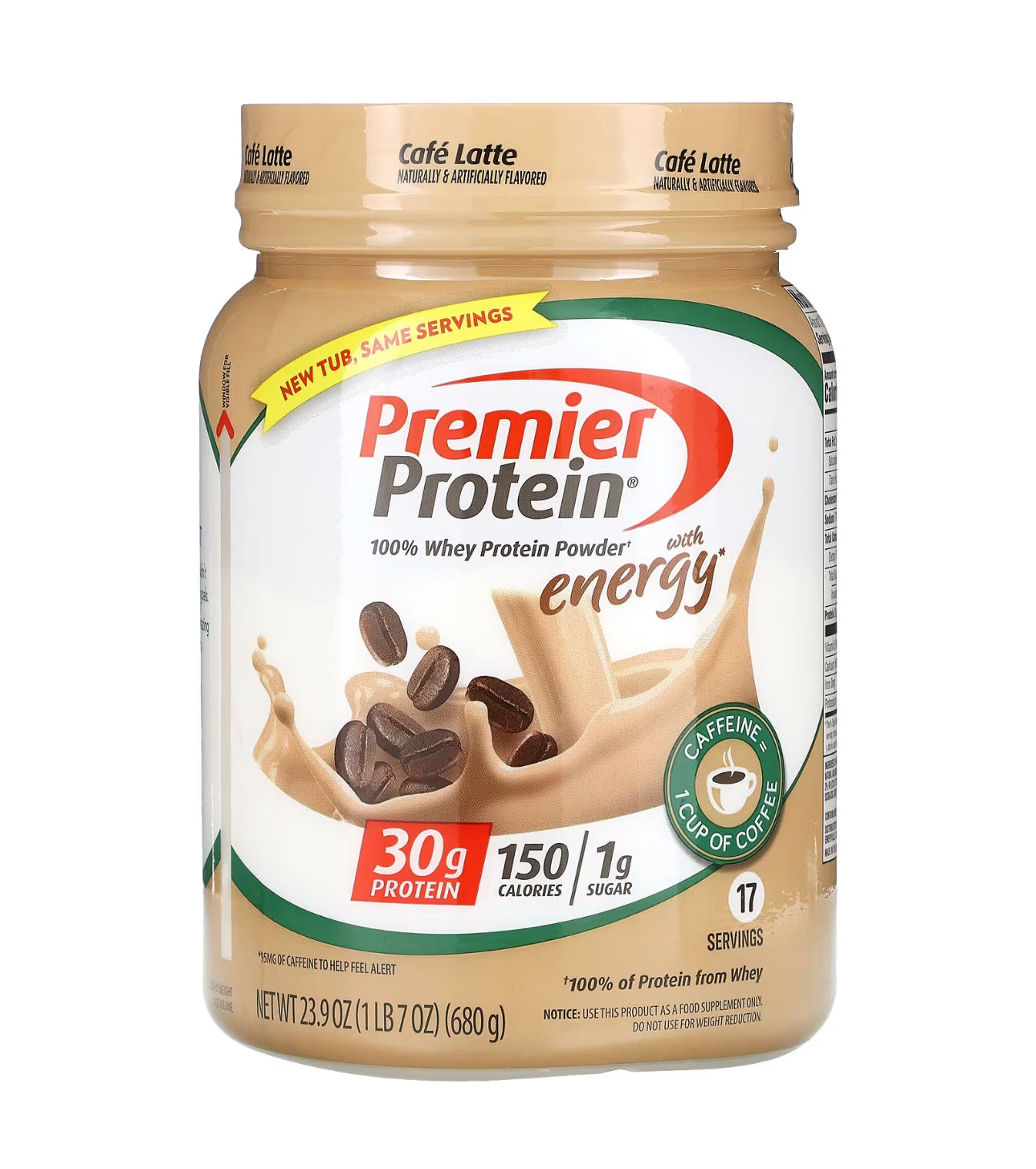 Premier Protein 100% Whey Protein Powder with Energy | 30g Protein | 150 Calories | Cafe Latte Flavor; 23.9oz (680g); Exp 09/2025