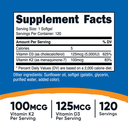 Nutricost Vitamin K2 (mk-7) 100mcg + Vitamin D3 5000iu (125mcg) | High Potency | Supports Immunity, Cardiovascular, & Bone Health | 120 Softgels; Exp 04/2028