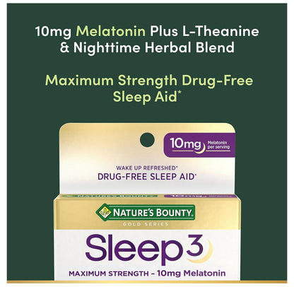 Nature's Bounty Gold Series Sleep3 Maximum Strength Melatonin 10mg | 100% Drug Free Sleep Aid | L-Theanine & Nighttime Herbal Blend; Chamomile, Lemon Balm, Lavender, Valerian Root | Time Release Technology | 30 Tri-Layered Tablets; Exp 10/2025