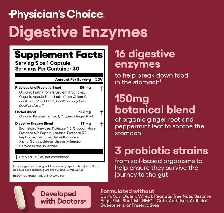 Physician's Choice Digestive Enzymes  | Multi Enzymes, Organic Prebiotics & Probiotics for Digestive Health & Gut Health | Relief from Meal Time Discomfort & Bloating | For Men and Women | 30 Capsules; Exp 02/2027