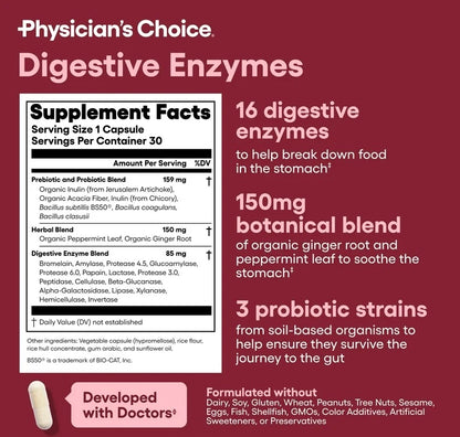 Physician's Choice Digestive Enzymes  | Multi Enzymes, Organic Prebiotics & Probiotics for Digestive Health & Gut Health | Relief from Meal Time Discomfort & Bloating | For Men and Women | 30 Capsules; Exp 02/2027