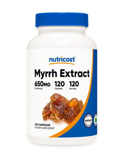Nutricost Myrrh Extract 650mg | Myrrh Gum Extract; Tree Resin | Anti-inflammatory, Reduces Pain | Antimicrobial | Traditional Digestive Support | 120 Capsules; Exp 10/2027