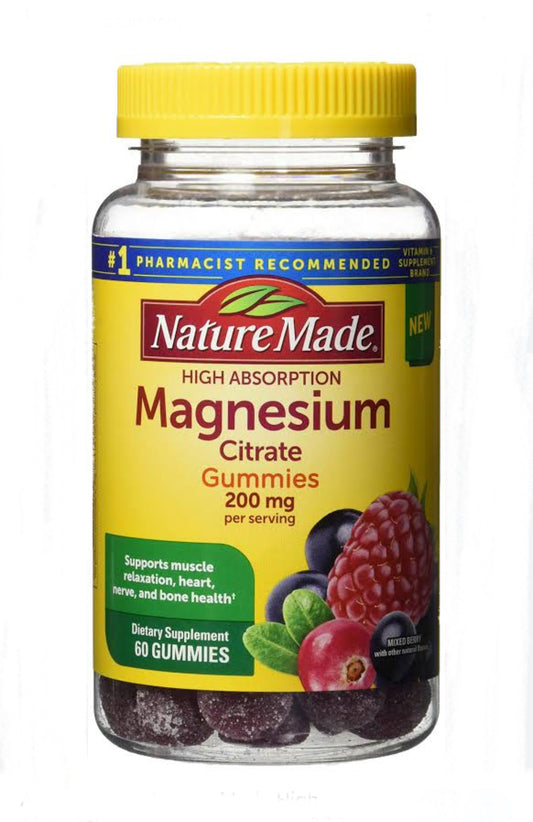 Nature Made High Absorption Magnesium Citrate | 200 mg per serving | Supports Muscle, Nerve, Bone and Heart Health | Mixed Berry Flavor ~ 60 Gummies; Exp 02/2026