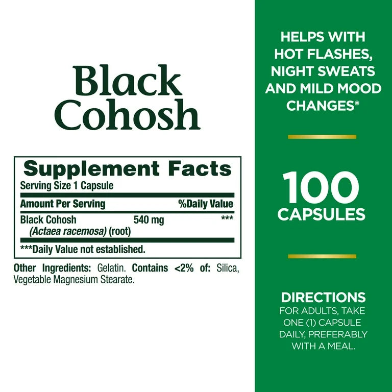 Nature’s Bounty Black Cohosh 540mg | Supports Women’s Health | Mood, Hot Flash & Menopause Support, | Hormonal & Perimenopause Support | 100 Capsules; Exp 01/2029