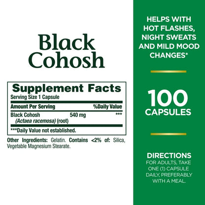 Nature’s Bounty Black Cohosh 540mg | Supports Women’s Health | Mood, Hot Flash & Menopause Support, | Hormonal & Perimenopause Support | 100 Capsules; Exp 01/2029