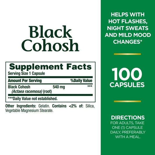 Nature’s Bounty Black Cohosh 540mg | Supports Women’s Health | Mood, Hot Flash & Menopause Support, | Hormonal & Perimenopause Support | 100 Capsules; Exp 01/2029