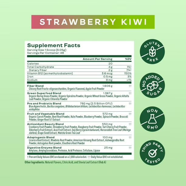 Bloom Nutrition Greens & Superfoods Powder | Relieves Uncomfortable Bloat, Aids Digestion, Improves Gut Health & Boosts Energy | Strawberry Kiwi Flavor | 290.4g; Exp 12/2026