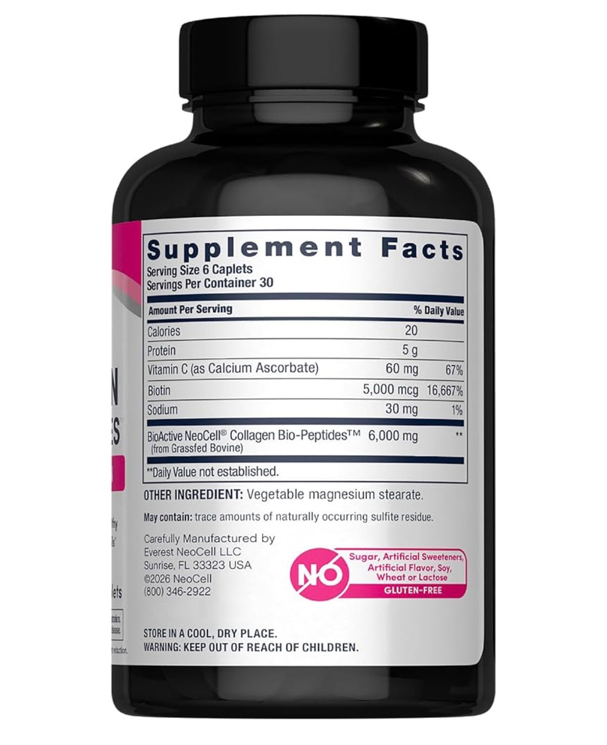 NeoCell Grassfed Collagen Bio-Peptides + Vitamin C + Biotin | Formerly Super Collagen | For Glowing Skin | 180 Caplets; Exp 11/2028 (New Look)
