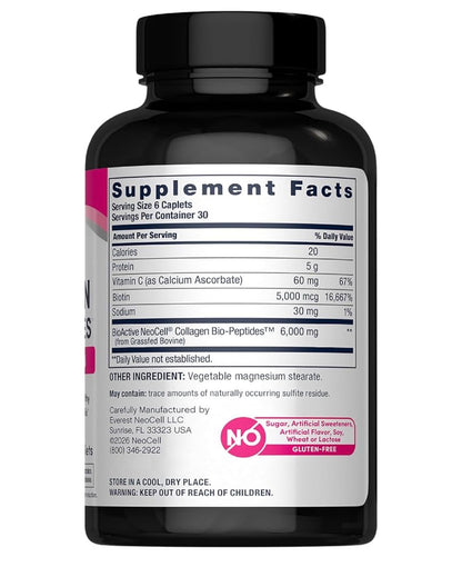 NeoCell Grassfed Collagen Bio-Peptides + Vitamin C + Biotin | Formerly Super Collagen | For Glowing Skin | 180 Caplets; Exp 11/2028 (New Look)