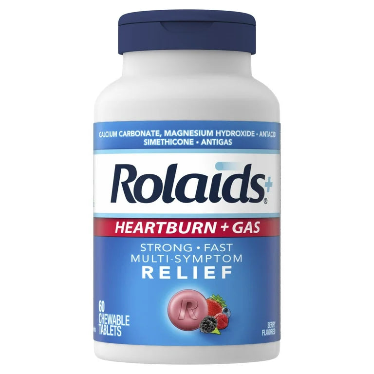 Rolaids Heartburn + Gas Antacid | Calcium Carbonate 1000mg + Magnesium Hydroxide 200mg + Simethicone 40mg | Berry Flavor ~ 60 Chewable Tablets; Exp 09/2026