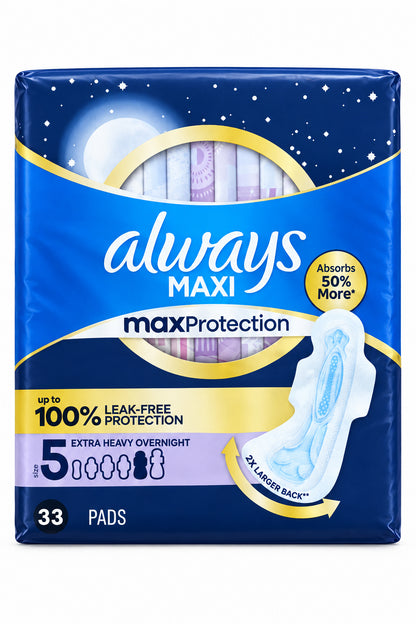 Always Maxi Sanitary Pad Size 5 | for Extra Heavy Flow | Prevents Unwanted Odors with OdorLOCK | Overnight Pads with Wings ~ Unscented; 33 Pads