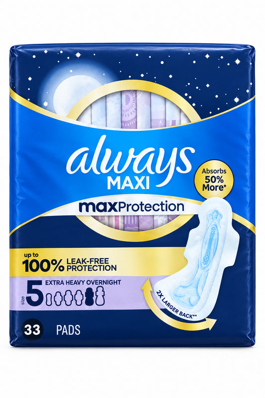 Always Maxi Sanitary Pad Size 5 | for Extra Heavy Flow | Prevents Unwanted Odors with OdorLOCK | Overnight Pads with Wings ~ Unscented; 33 Pads