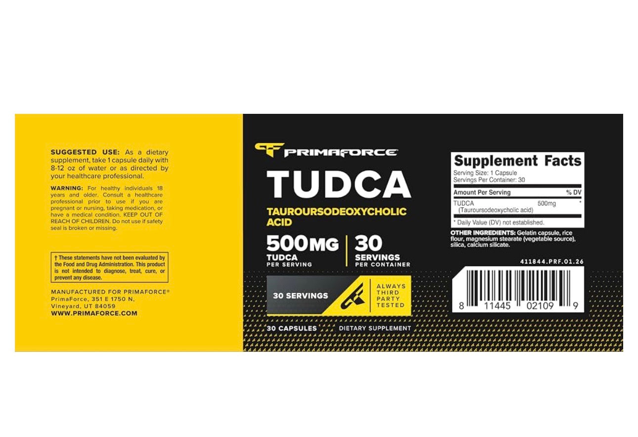 Primaforce TUDCA 500mg (Tauroursodeoxycholic Acid) | Digestive Support (Esp. for Fats), Promotes Healthy Liver & Kidney Function | Supports Brain, Cellular and Eye Health | Liver & Kidney Cleanse & Detox | 30 𝑪𝒂𝒑𝒔𝒖𝒍𝒆𝒔; Exp 07/2028